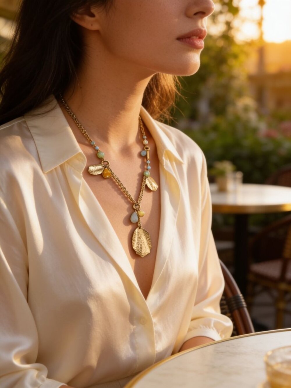 Vintage Womens Collier Bohm Gold,Metal, Aqua Acrylic, Blue Stones Leaf Chain Nec